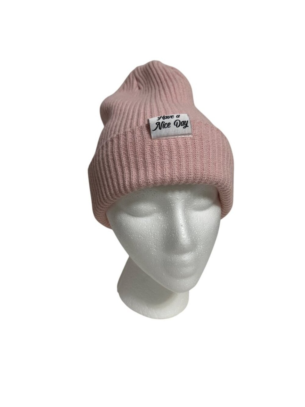 Pink Ribbed Knit Beanie Hat By Madden With "Have A Nice Day" Patch One Size Fits